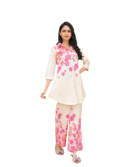 Co-ord Set Printed Shirt Collar Neck Tunic with Palazzo