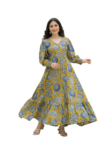 Umrao Floral Printed V-Neck Puff Sleeve Fit & Flare Maxi Dress